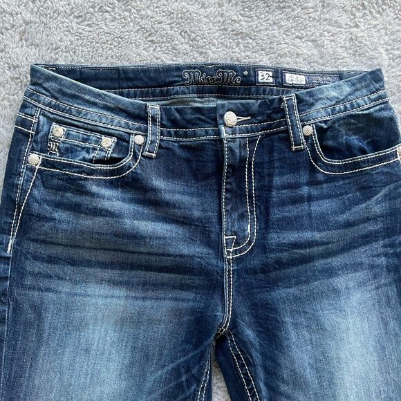 Miss Me Mid Rise Curvy Boot Jeans Size 32 Embellished Distressed Pockets K220 - Picture 5 of 7